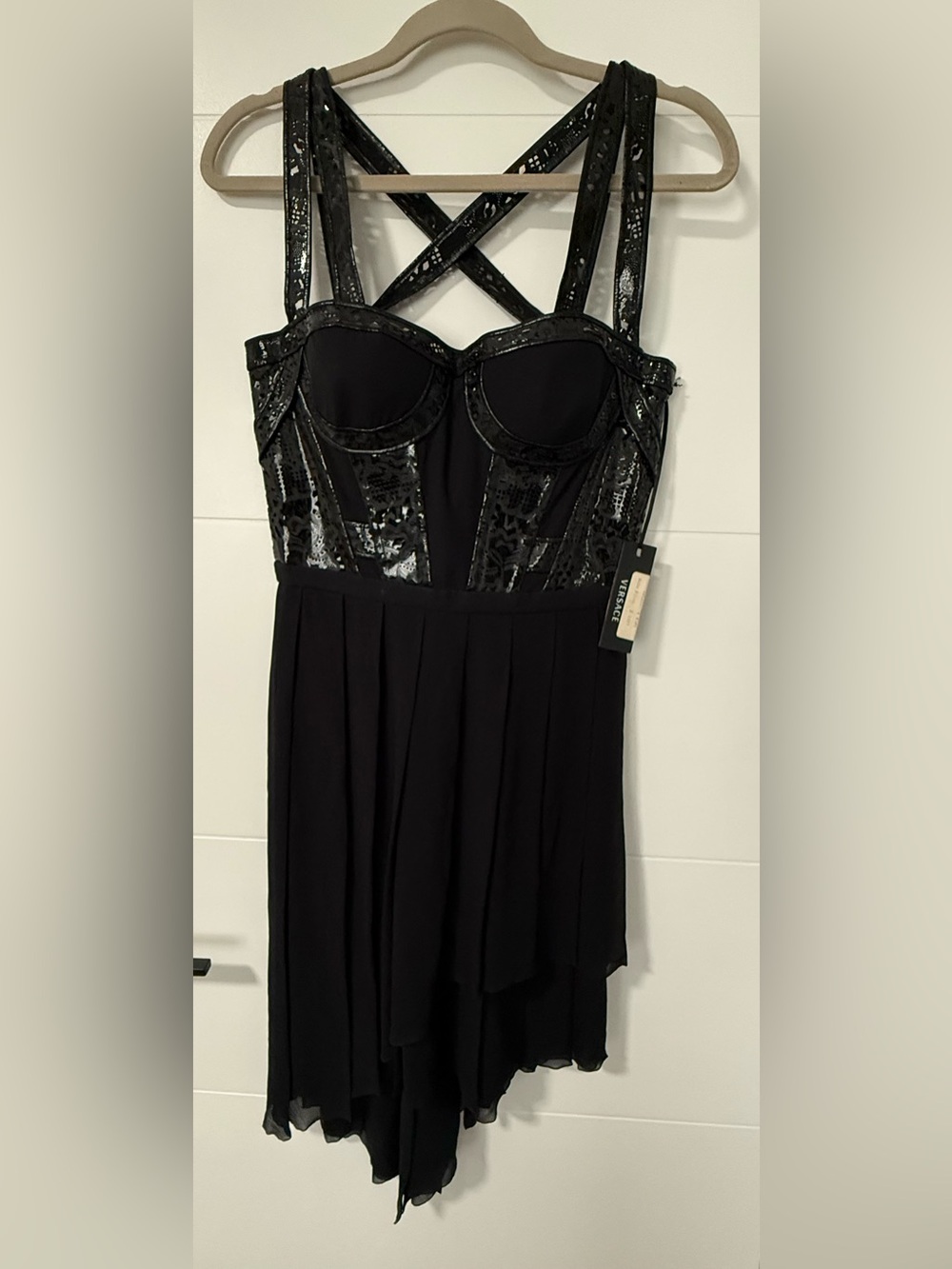 Vintage 90’s Versace Black Sequin Bustier dress with patent leather trimming.